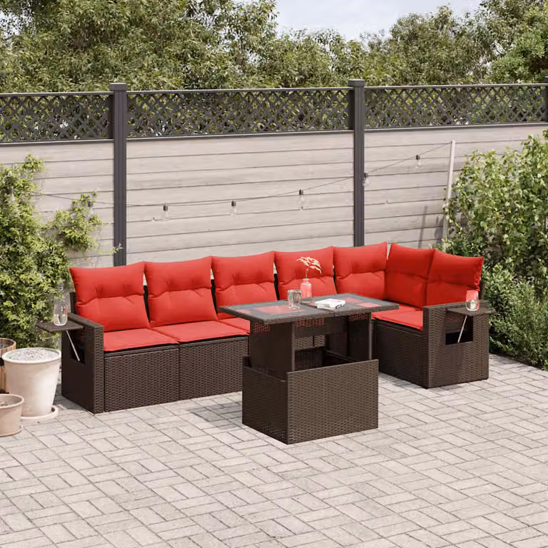 Set Divani da Giardino vidaXL 7 Pezzi in Polyrattan Marrone con Cuscini e Tavolino