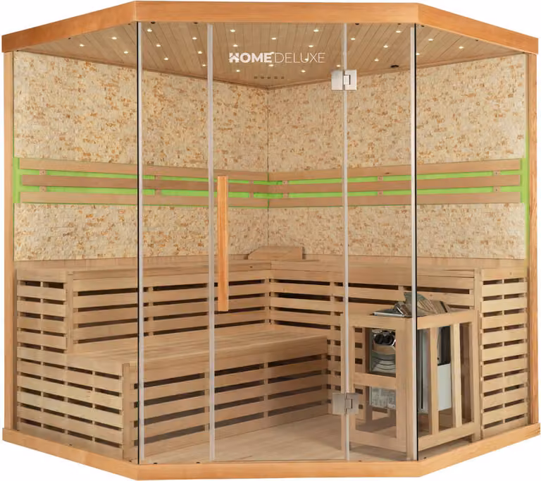 Home Deluxe - Sauna tradizionale - Skyline XL Grande parete in pietra artificiale - 200 x 200 x 210 cm, per 2-6 persone, hemlock, incl. accessori sauna I Sauna a vapore Sauna a infusione Sauna finlandesesauna