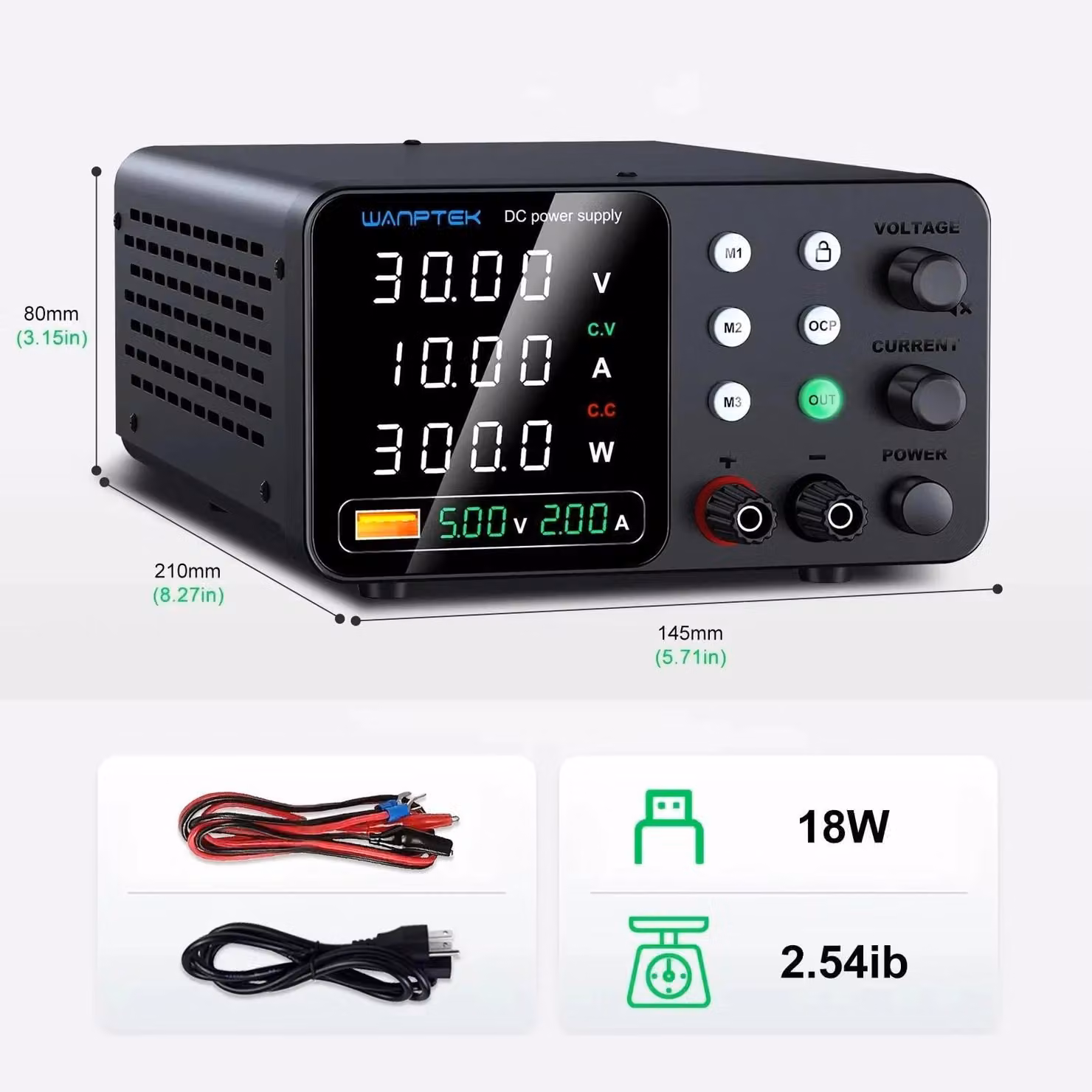 Alimentatore da laboratorio DC - TPS-C 30V 10A 300W - Tensione e corrente regolabili - 1 uscita - Uscita USB - Funzione di memorizzazione - Protezione da sovracorrente (OCP)