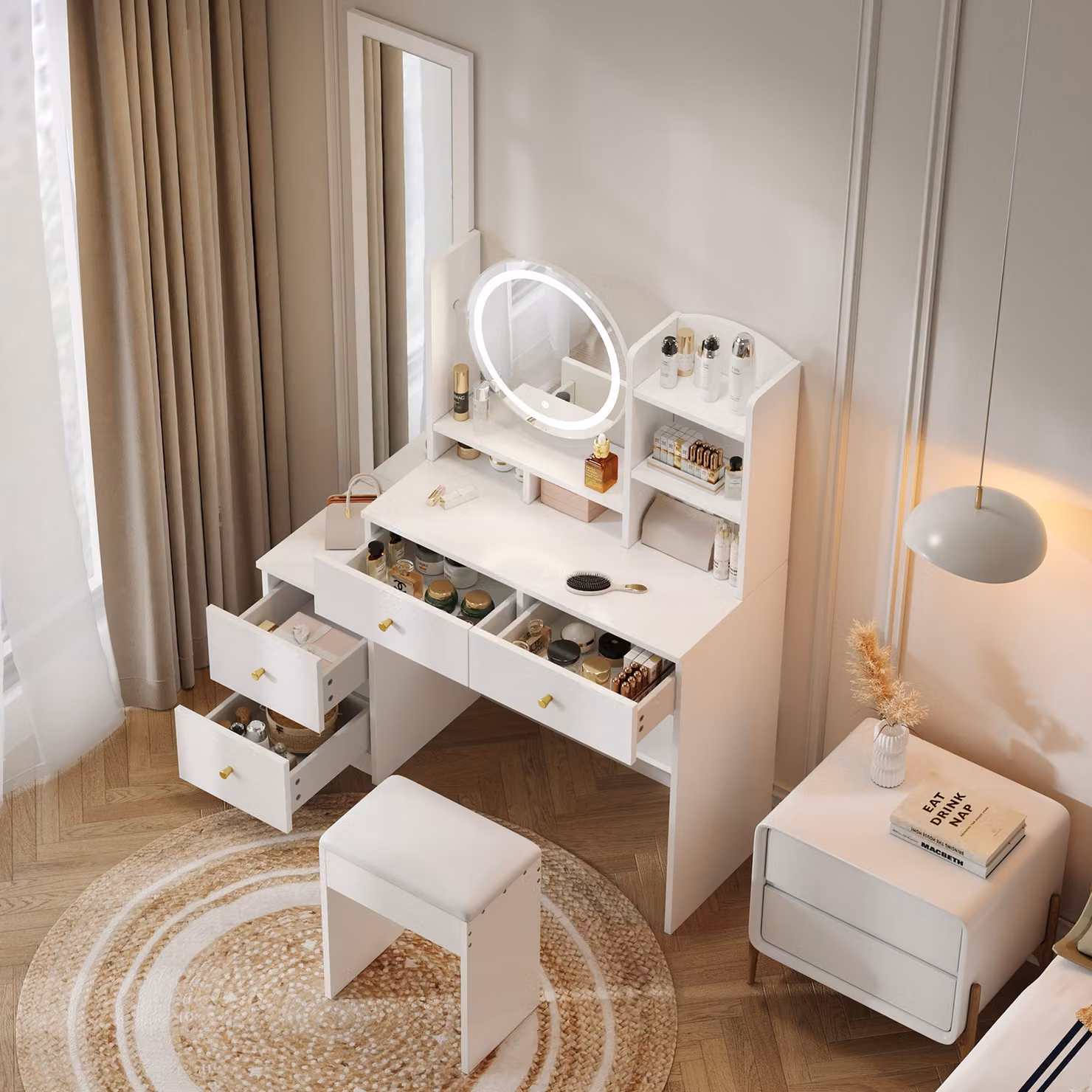 MODFU Tavolino da toeletta con specchio a figura intera e girevole, tavolino da trucco 4 in 1 con sgabello e illuminazione a LED, comò da trucco con maniglia in metallo e cassetti, bianco
