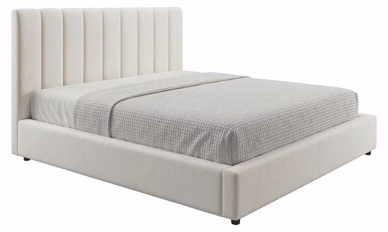 Letto KAWOLA CATTURA imbottito in velluto color crema 160x200 cm con rete a doghe
