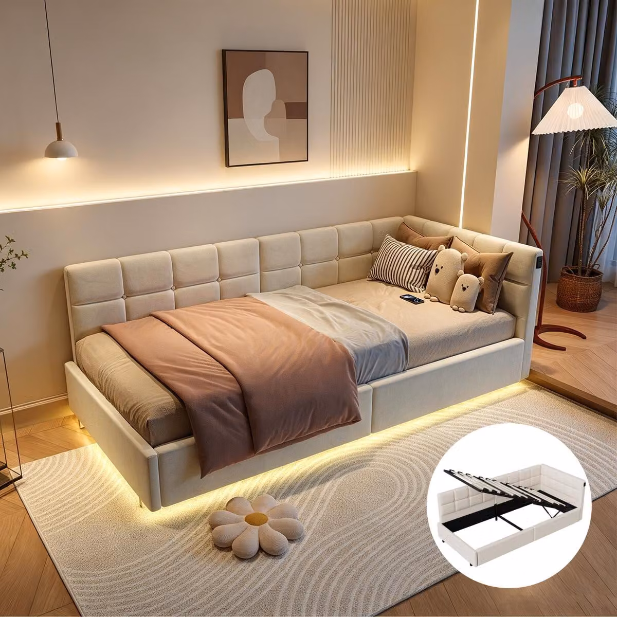 Letto imbottito INONEFT 90x200 con LED e USB/C, letto per ragazzi con spazio contenitore a sollevamento idraulico, divano letto singolo, letto giorno, struttura letto con rete a listelli, velluto, beige