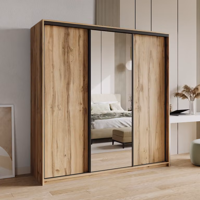 Armadio scorrevole Masseno TAVI 200/205/60 cm Armadio con cassetti Armadio per camera da letto a 3 ante con specchio Rovere Wotan + Nero