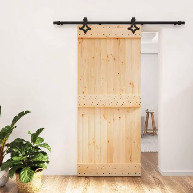Porta scorrevole moderna vidaXL in legno e acciaio, colore marrone e nero, L: 200 cm, H: 210 cm, P: 16 cm
