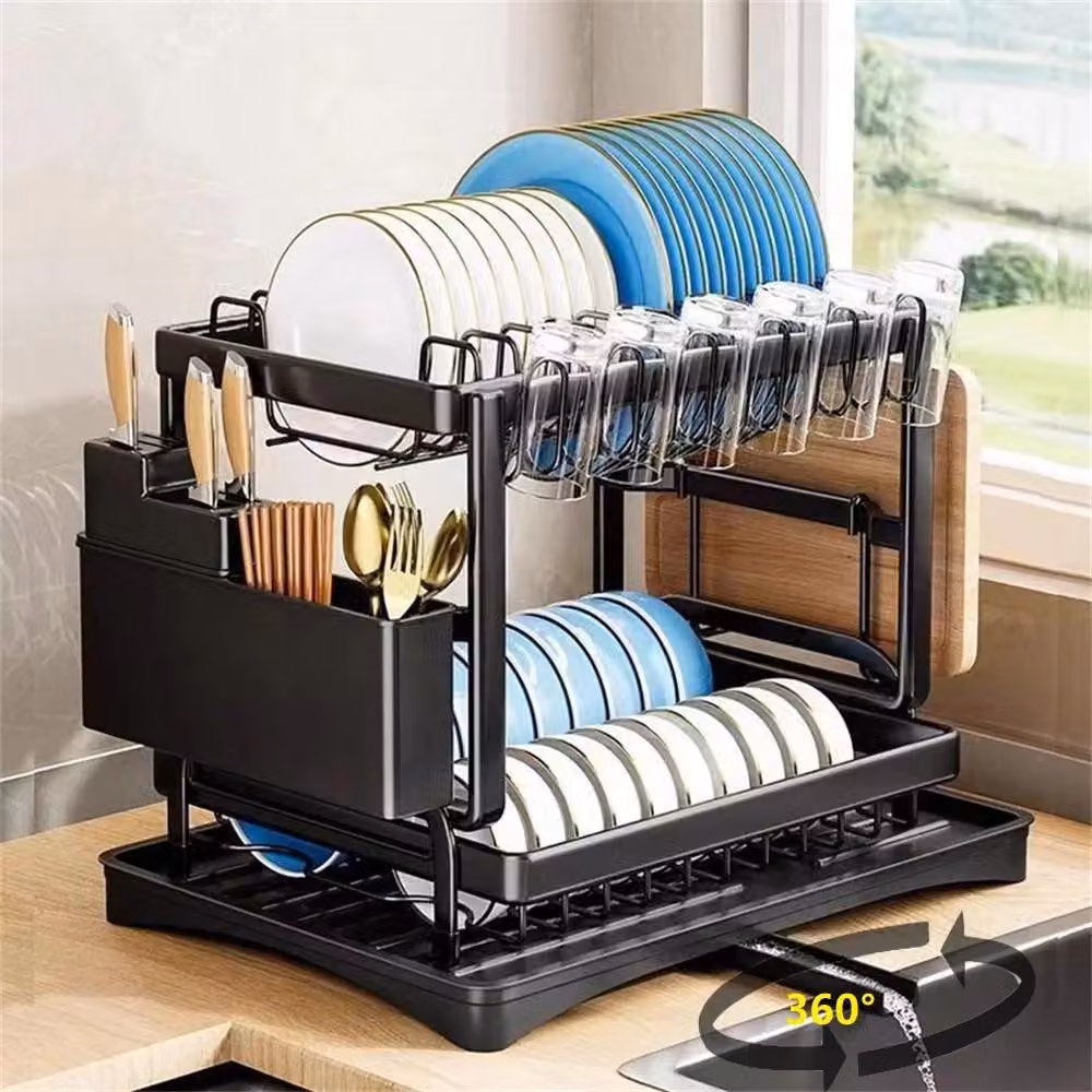 Scaffaleggio da cucina a 2 livelli, auto-asciugante, Acciaio al carbonio, con porta posate e supporto per tagliere, ideale per spazi compatti