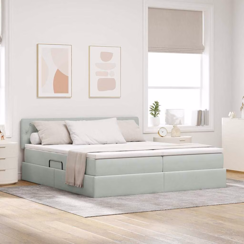 Letto con Contenitore vidaXL in Velluto e Finta Pelle Grigio con Materasso Ibrido L/P/H: 180 x 200 x 90 cm
