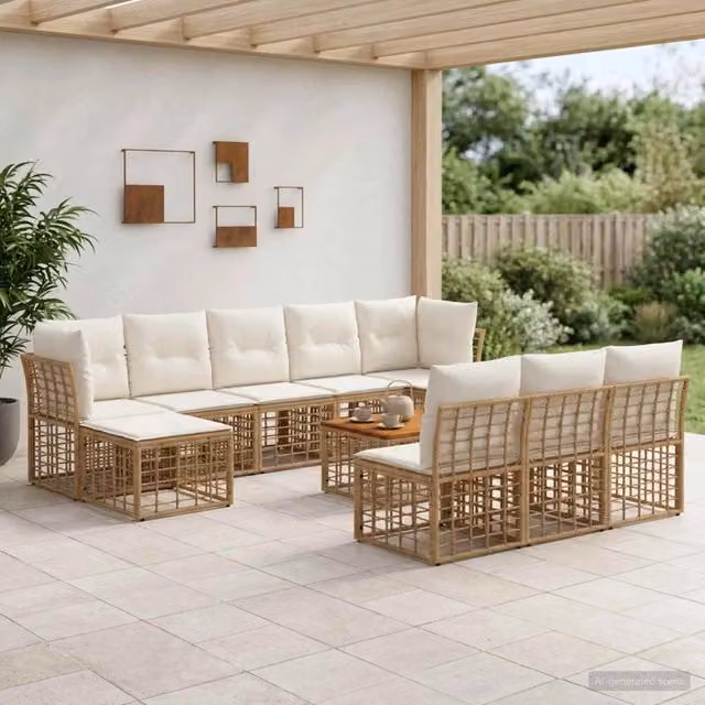 Set di divani da esterno 11 pz 10-Posti Naturale e Bianco Crema 3437564