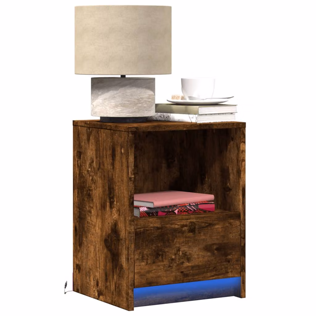 Comodino moderno vidaXL con luci LED in legno Rovere Fumo, sospeso a parete, L: 50,0 cm, P: 34,0 cm, H: 38,0 cm
