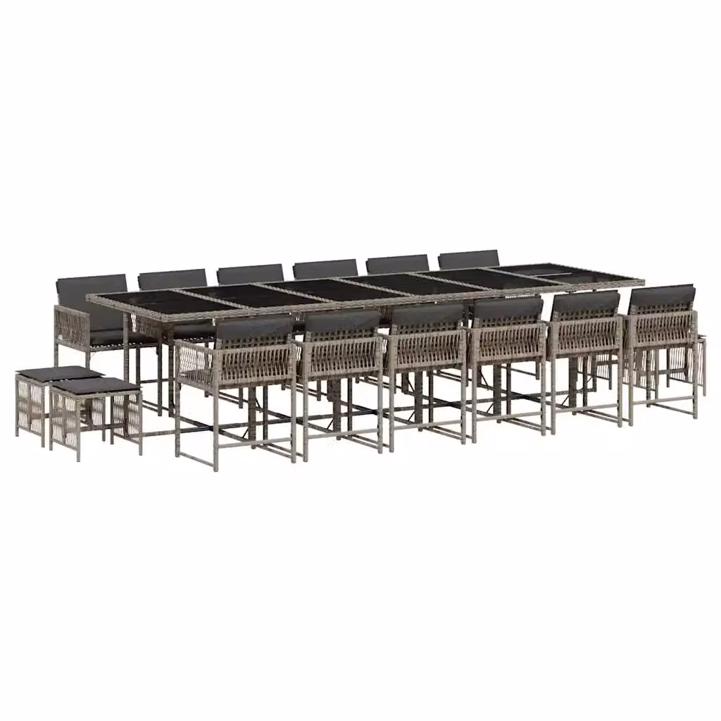 Set da pranzo da giardino vidaXL in polyrattan con cuscini grigi e nero, tavolo rettangolare con piano in vetro e struttura in metallo, 17 pezzi – 2