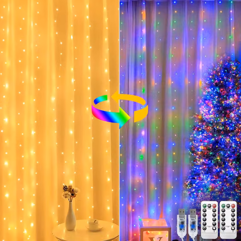 Tenda luminosa a LED, dimensioni 3x3 metri, confezione da 2 pezzi, 300 LED, luce bianco caldo/colorata, con funzione di dimmerazione