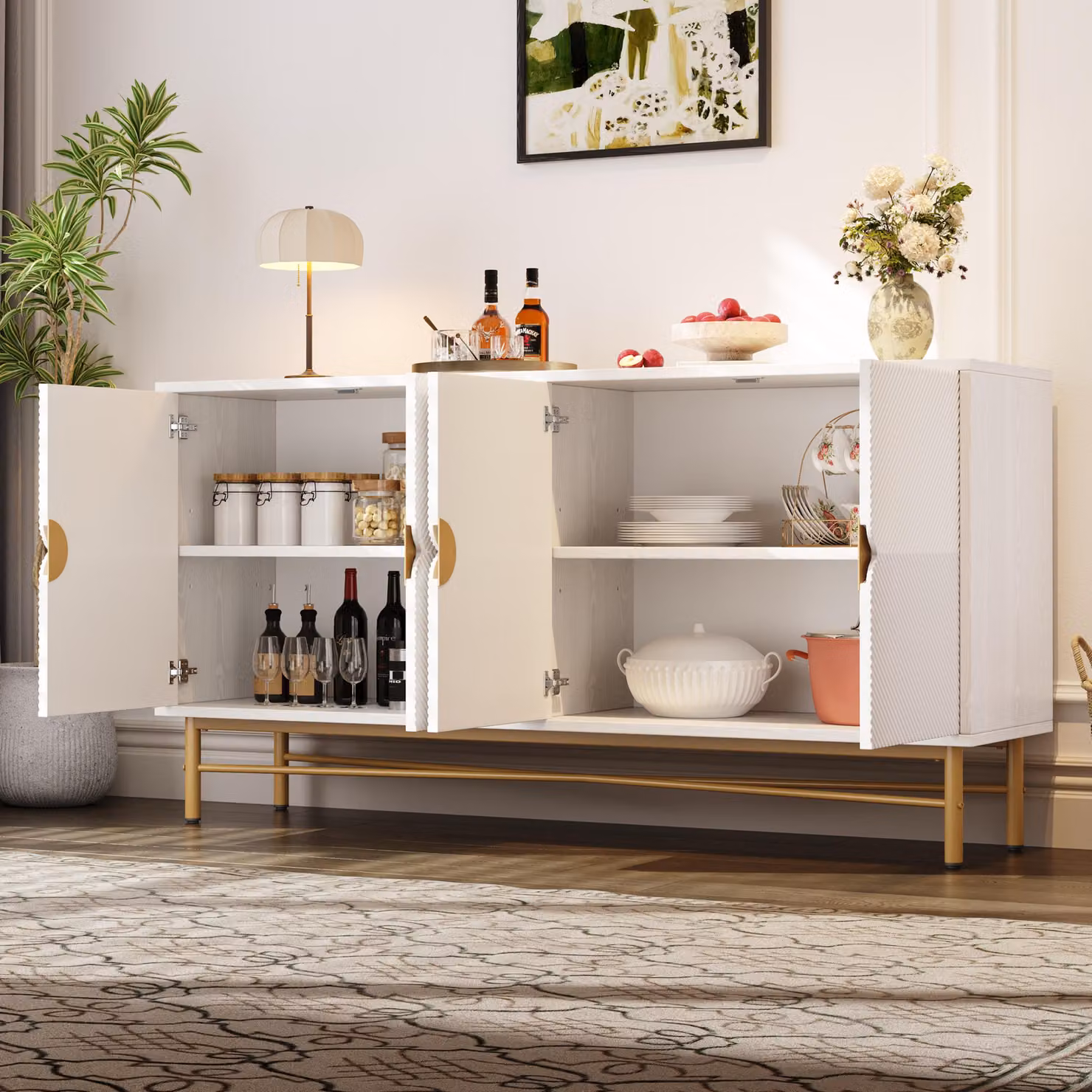 Flieks cassettiera per soggiorno credenza a 4 ante, credenza contenitore con gambe lucide, 160x40x82 cm, bianco