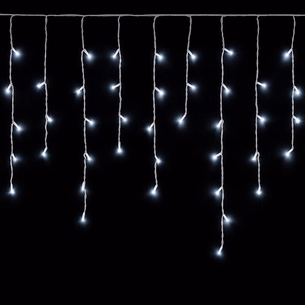 ETTROIT Tenda Luminosa 120 LED, 3Mt, Luce Bianca, Cavo Bianco, IP65, Prolungabile, Effetto Flash , Con fili pendenti a lunghezze alternate (30–70–40–60 cm) per effetto a cascata, ,ghirlanda nataliza