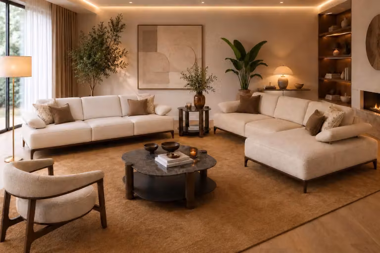 Divano beige per soggiorno, composto da: divano angolare a 4 posti, poltrona in tessuto, set da 3 pezzi