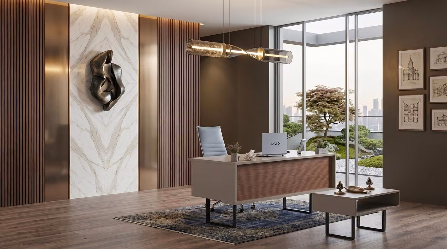 Set da ufficio color beige, composto da scrivania, tavolino da caffè e elementi per l'arredamento di uno studio