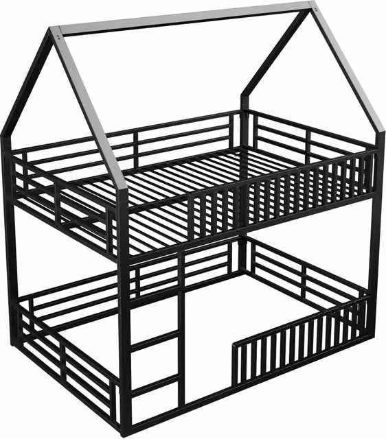 Letto a castello 140x200 in metallo nero a forma di casa con luce LED