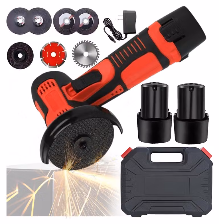 Smerigliatrice angolare compatta con 2 batterie, 12V, 19500 giri/min, e 7 accessori