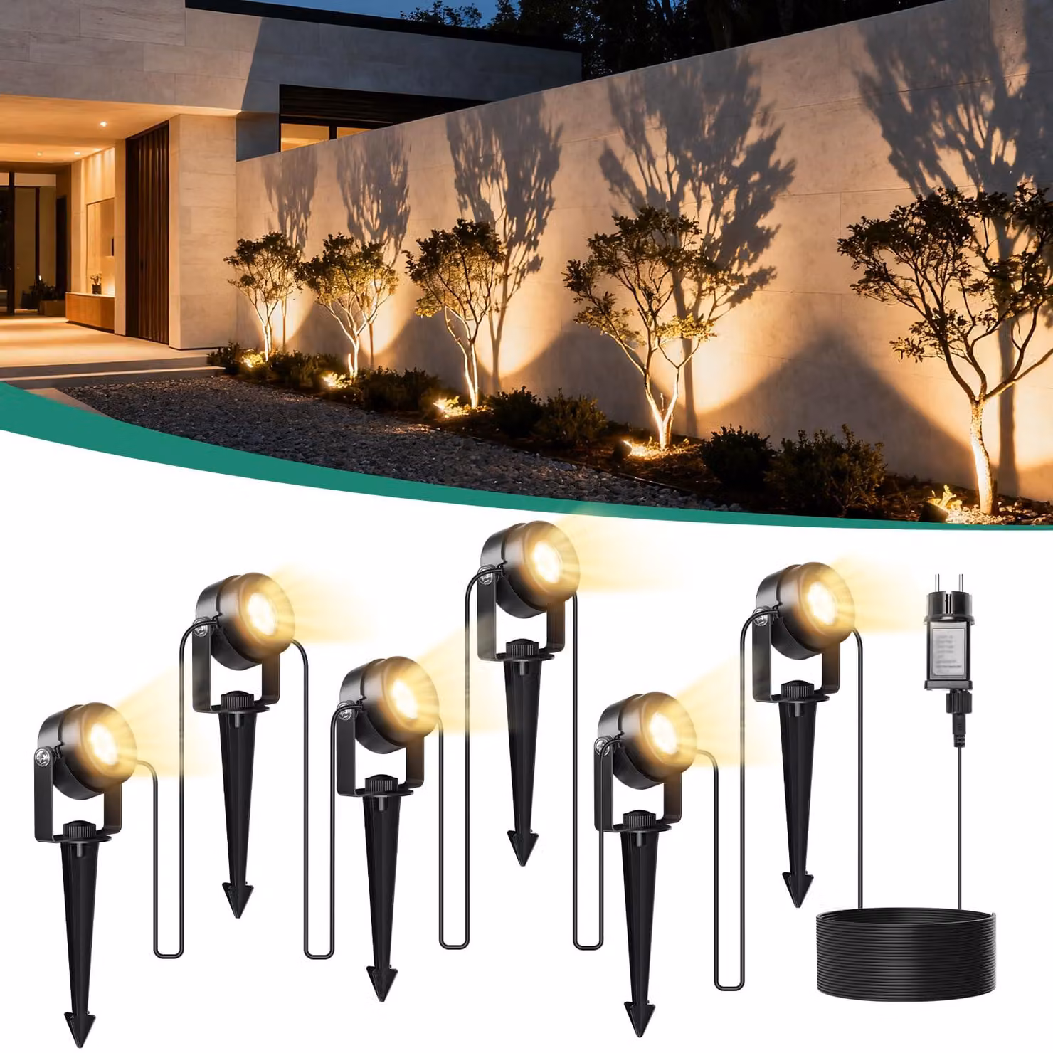 Faretto LED da giardino multifunzione (6 in 1), cavo da 20 metri, 3000 K, grado di protezione IP65, 900 lumen