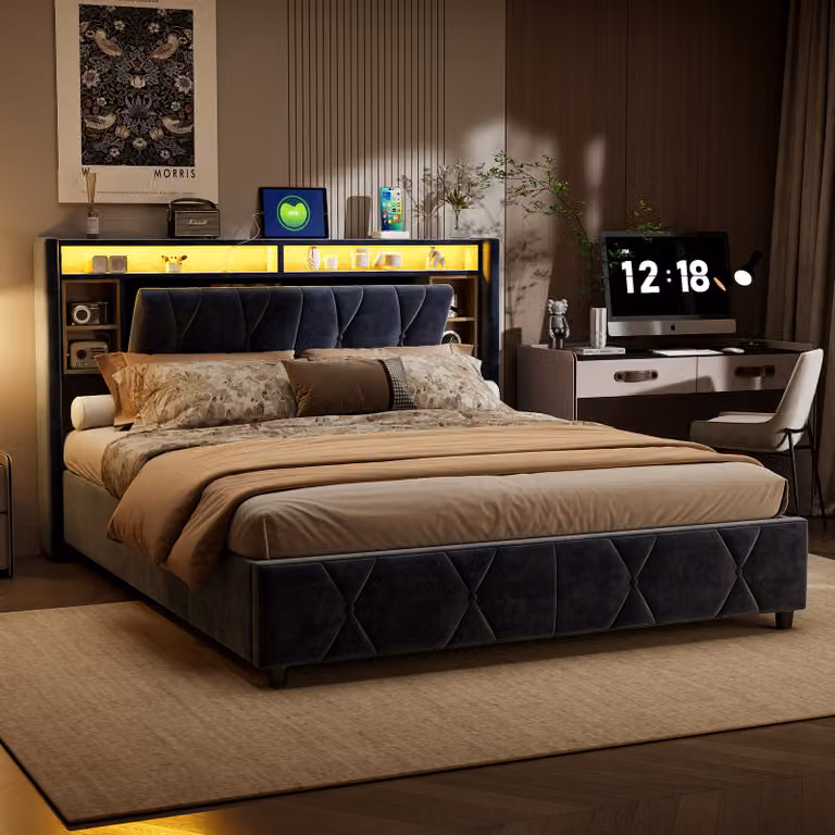 Letto box 140x200 cm in velluto grigio con testata a LED a 7 colori, prese integrate (USB + Type-C + EU), pratici vani portaoggetti e martinetti idraulici