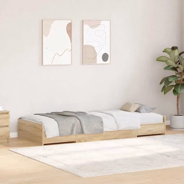 Struttura letto con cassetto vidaXL in legno e MDF color marrone, dimensioni L: 76,5 cm x P: 193 cm x H: 28 cm