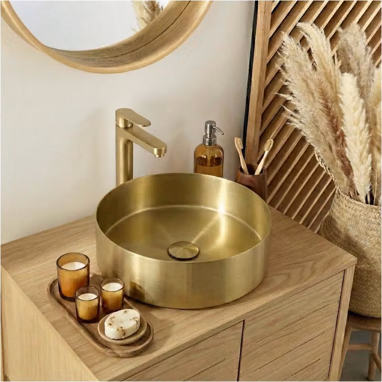 Lavabo da appoggio rotondo in acciaio inox nero, 36 cm, con piletta di scarico abbinata