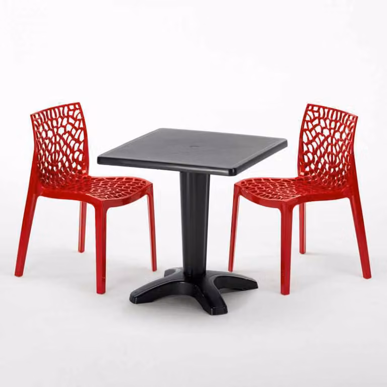 Tavolo quadrato nero e 2 sedie Set di aste per interni in polipropilene colorato Grand Soleil Gruvyer Aia - Rosso