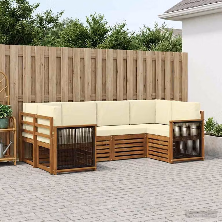 Set di divani da esterno vidaXL a forma di L in legno di acacia con cuscini, 6 pezzi, Beige e Marrone