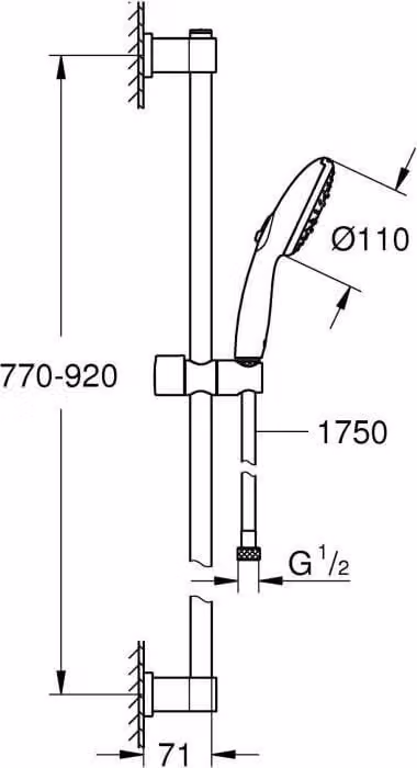 Sistema doccia GROHE Vitalio Start 110, 3 tipi di getto, asta da 90 cm, tubo flessibile da 1,75 m, cromato, a risparmio idrico