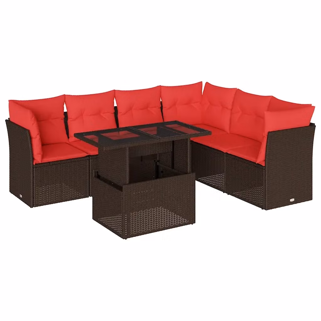 Set da giardino moderno vidaXL composto da 7 pezzi con divano ad angolo a forma di L, tavolino da caffè e cuscini marroni in polyrattan e metallo con rivestimenti rimovibili – 2