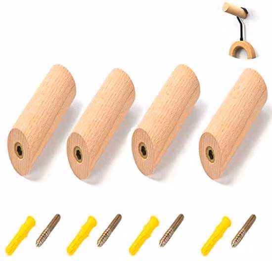 Set di ganci in legno, 4 pezzi, naturale, legno di quercia, 3x8 cm, per asciugamani e giacche