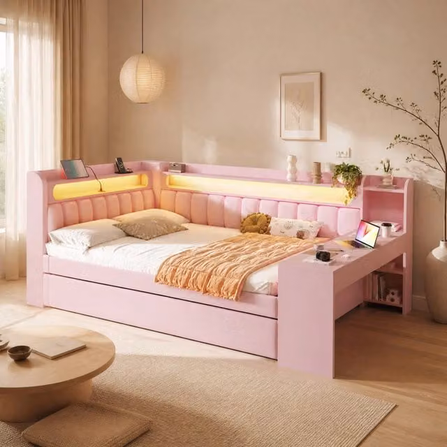 Letto Mivray con letto estraibile e scrivania, rivestimento in lino rosa, con luce LED e porta USB, L/P/H: 237.0 x 140 x 200 cm