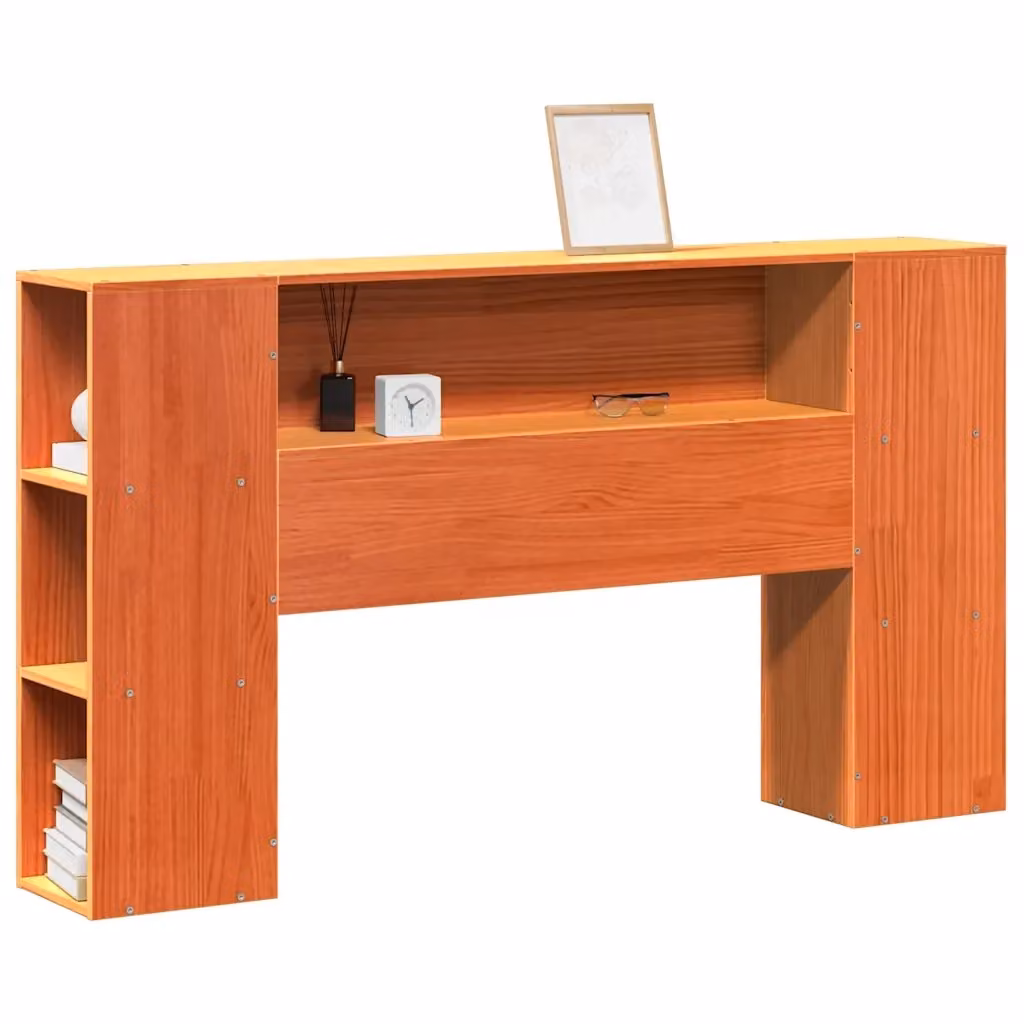 Testiera con ripiani integrati Design Mania in legno di pino massiccio, colore marrone cera, L: 150 cm, H: 82 cm, P: 24 cm – 2