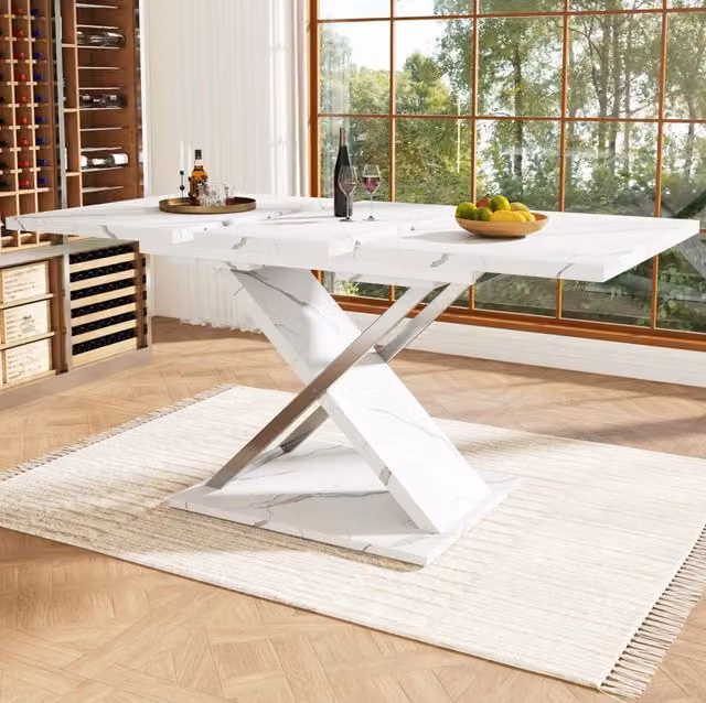 Tavolo da pranzo allungabile 118-157x75x76.4 cm; MDF effetto marmo bianco