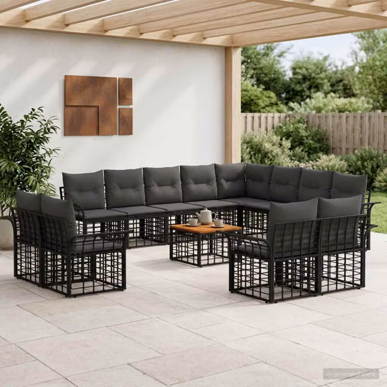 Set di divani da esterno vidaXL a forma di U composto da 13 pezzi in stile rustico, colore nero e grigio, con struttura in acciaio verniciato a polvere e cuscini in poliestere resistente ai raggi UV