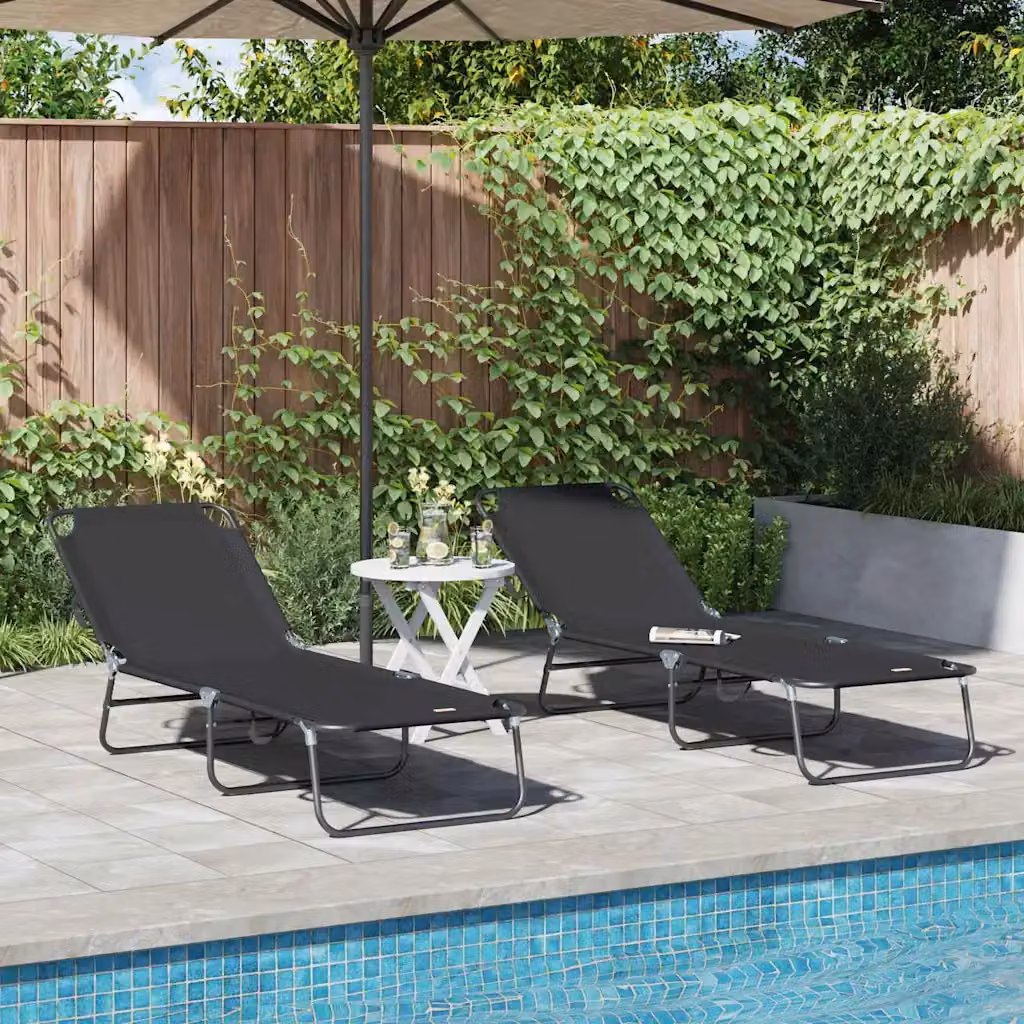 Set di 2 lettini prendisole pieghevoli vidaXL in poliestere nero e acciaio verniciato con poggiatesta regolabile per giardino e terrazza