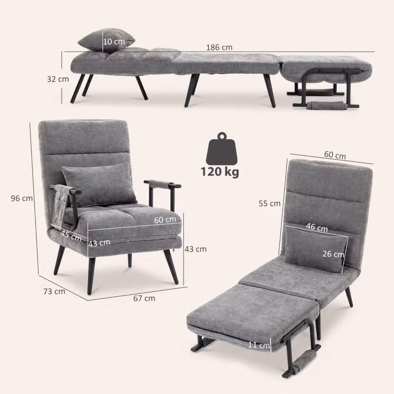 Poltrona letto 3 in 1 FOLYNA in ciniglia grigia con schienale regolabile a 5 livelli e letto singolo L: 186 cm, P: 60 cm – 2