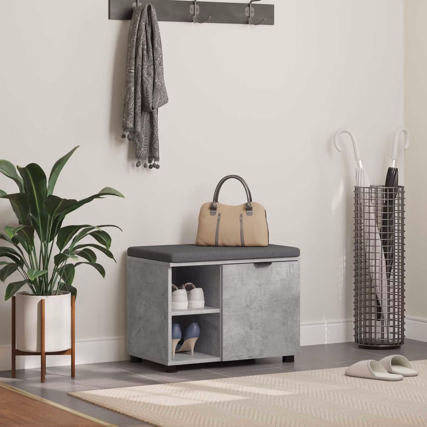 vidaXL Panca per ingresso con scarpiera e cuscino in tessuto Grigio, L 60 x P 38 x H 46 cm