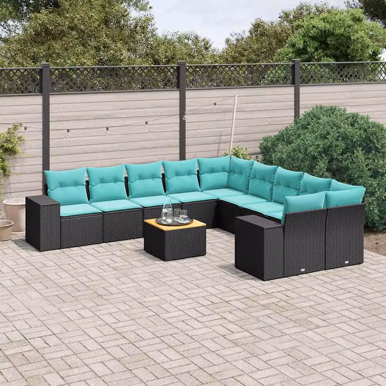 Set Divani da Giardino vidaXL 11 pz in Polyrattan Nero con Cuscini e Tavolino da Esterno