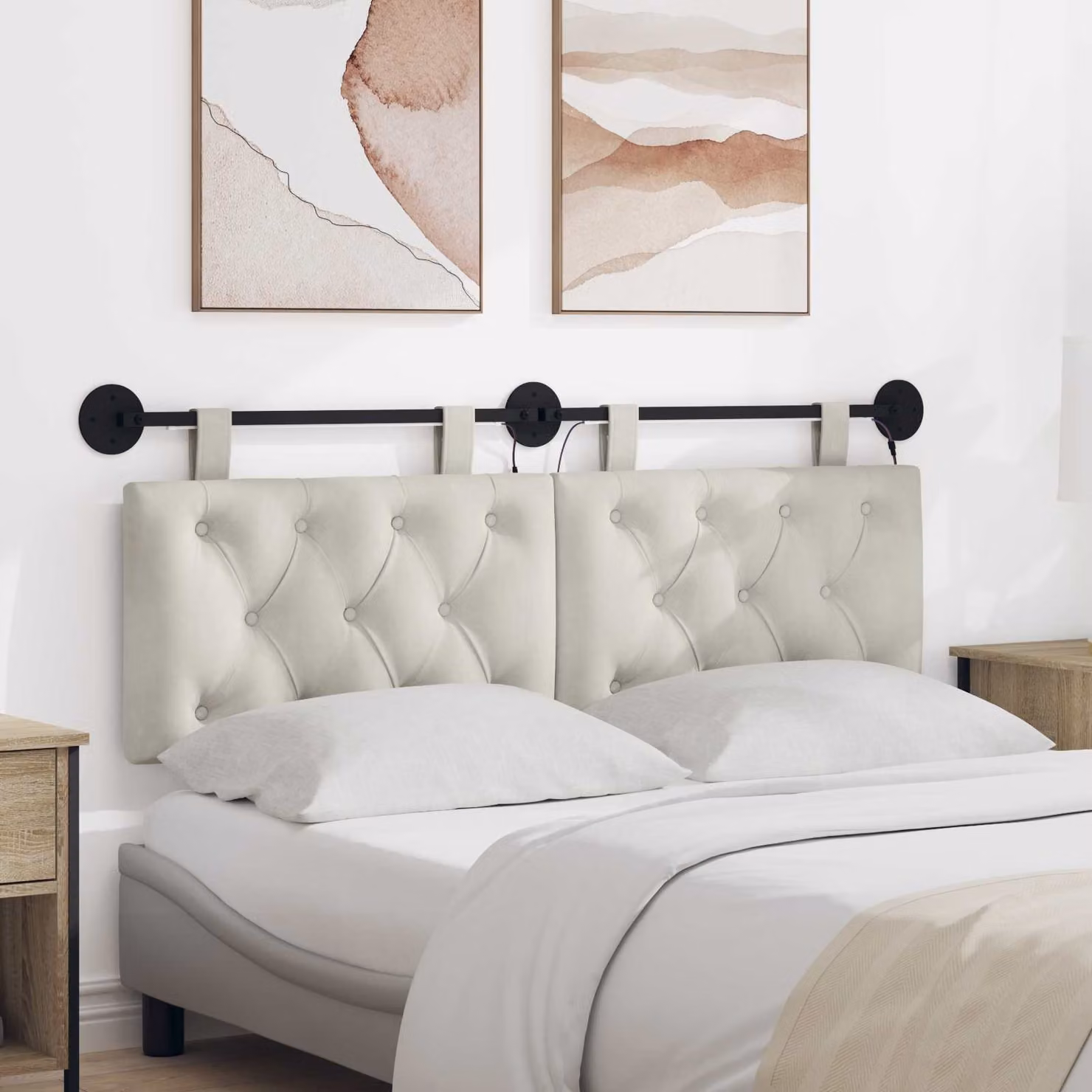Testiera per letto sospesa vidaXL in velluto beige con illuminazione integrata L: 150 cm, H: 70 cm, P: 5,5 cm