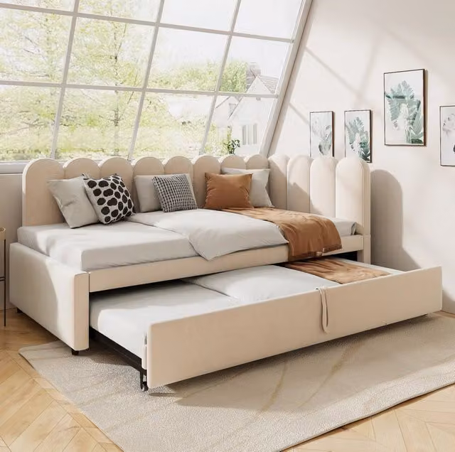 Letto estraibile 90x200 cm velluto beige estensibile 180x200 salvaspazio senza materasso –