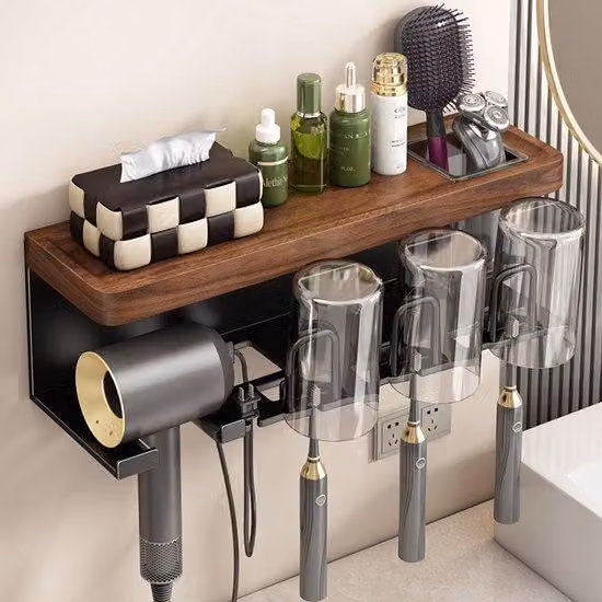 Organizzatore per il bagno – Installazione senza fori – Portaspazzolini – Organizzatore per bagno, WC, lavabo e asciugacapelli – Porta asciugacapelli e portaspazzolini (per 3 persone) – Include portabicchieri