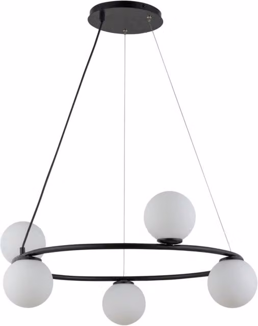 Lampadario a sospensione moderno Sigma Lighting a forma di anello con 5 sfere in vetro bianco e struttura in metallo nero, attacco G9 – 1