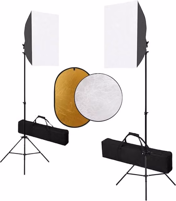 Kit professionale per studio fotografico con softbox rettangolare e riflettore oro e argento, luce bianca morbida, colore nero