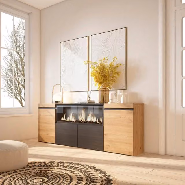 Credenza, Mobile, 208x35x75cm, 4 Porte, Camino elettrico XXL, colore Rovere e nero RF3220