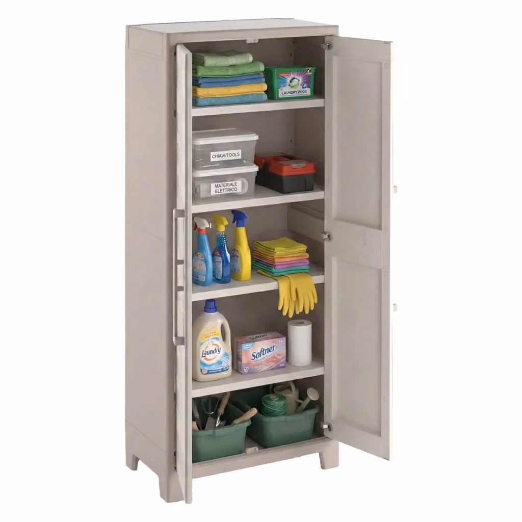 Armadio da esterno Grimsby DMORA colore Sabbia, Mobiletto multiuso per giardino, balcone o garage con ripiani interni e serratura, L: 80 cm, P: 44 cm, H: 182 cm – 2