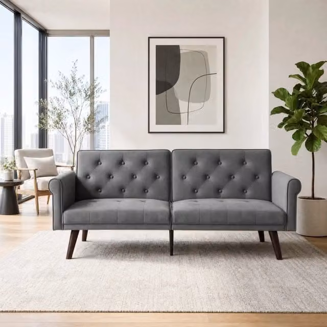 Divano letto MIVRAY a 2 posti in velluto grigio con schienali regolabili e funzione click-clack – 1
