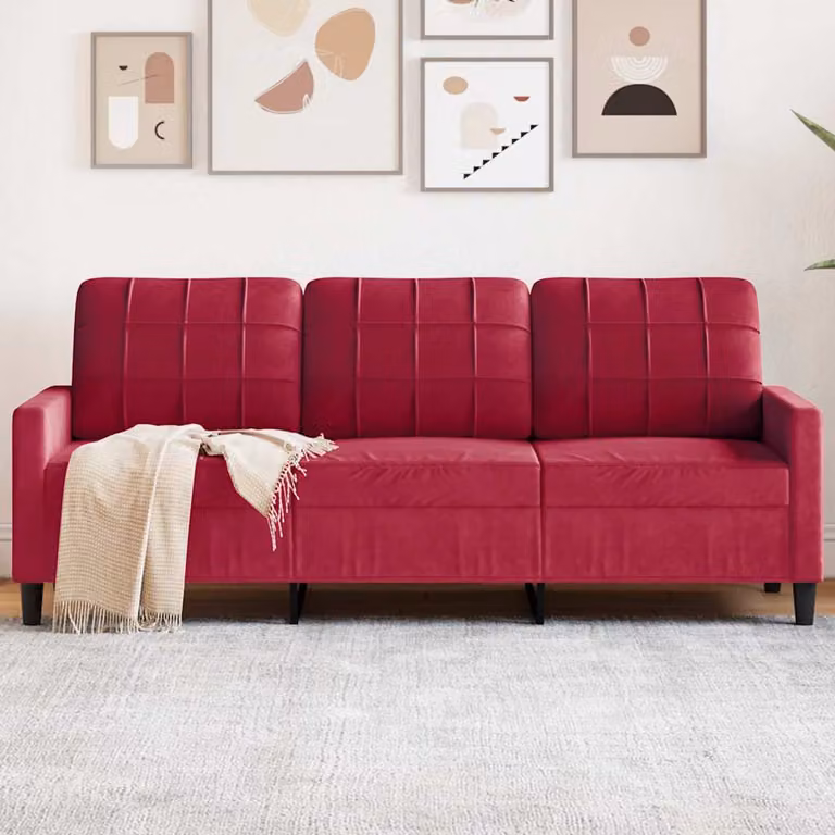 Divano a 3 posti moderno vidaXL in velluto rosso con struttura in metallo per il tuo soggiorno L: 197 cm, P: 80 cm, H: 77 cm
