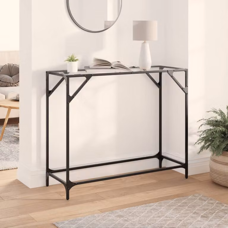 vidaXL Tavolino Consolle Moderno con Piano in Vetro Trasparente e Struttura in Metallo Nero L: 98 cm, P: 35 cm, H: 81 cm
