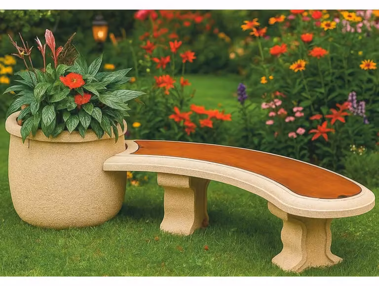 Panchina da giardino in stile Art Nouveau Casa Padrino con vaso da fiori, beige/marrone, 217 cm - Italy