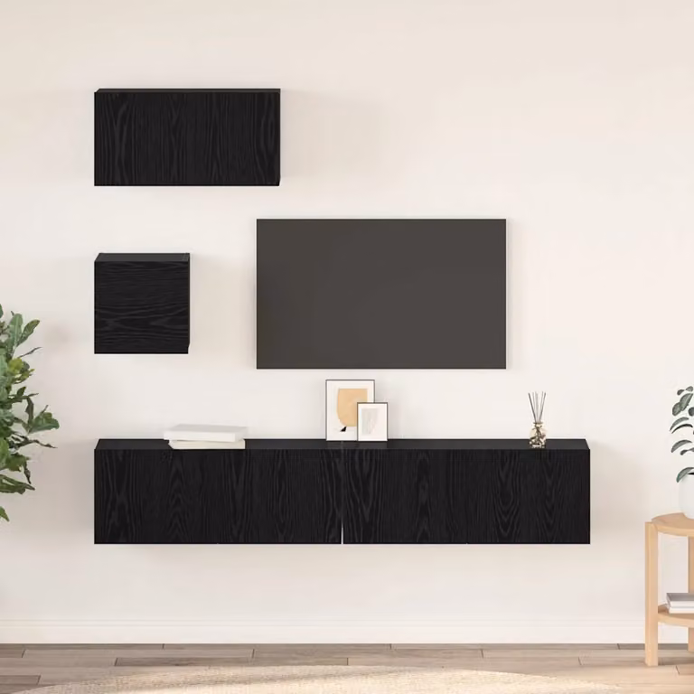 Set mobile TV moderno vidaXL in 4 pezzi, Rovere e Nero, in legno ingegnerizzato e multistrato