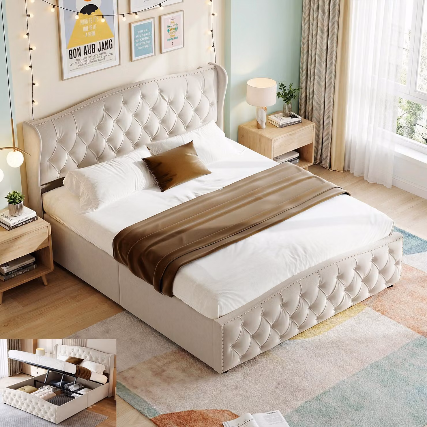 Letto imbottito INONEFT 140x200 cm con sistema di sollevamento idraulico e contenitore, struttura per letto a molle con cassettone, letto matrimoniale per ragazzi con rete a doghe, tessuto velluto color beige